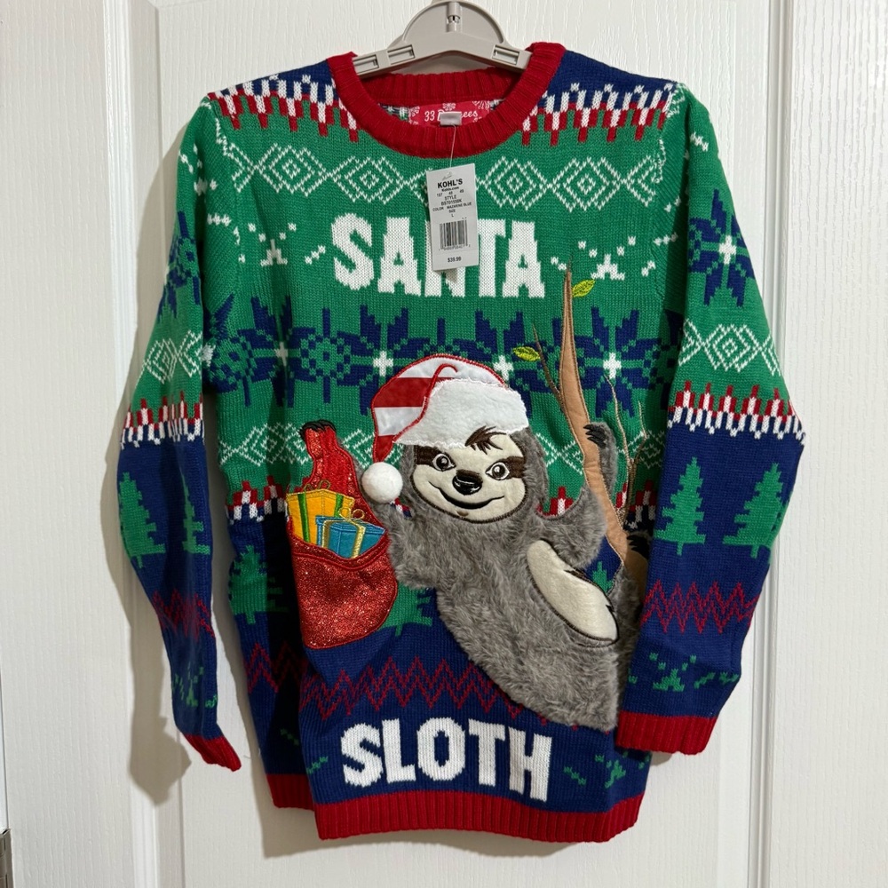 Kohl's Festive Santa Sloth Sweater - Green and Red